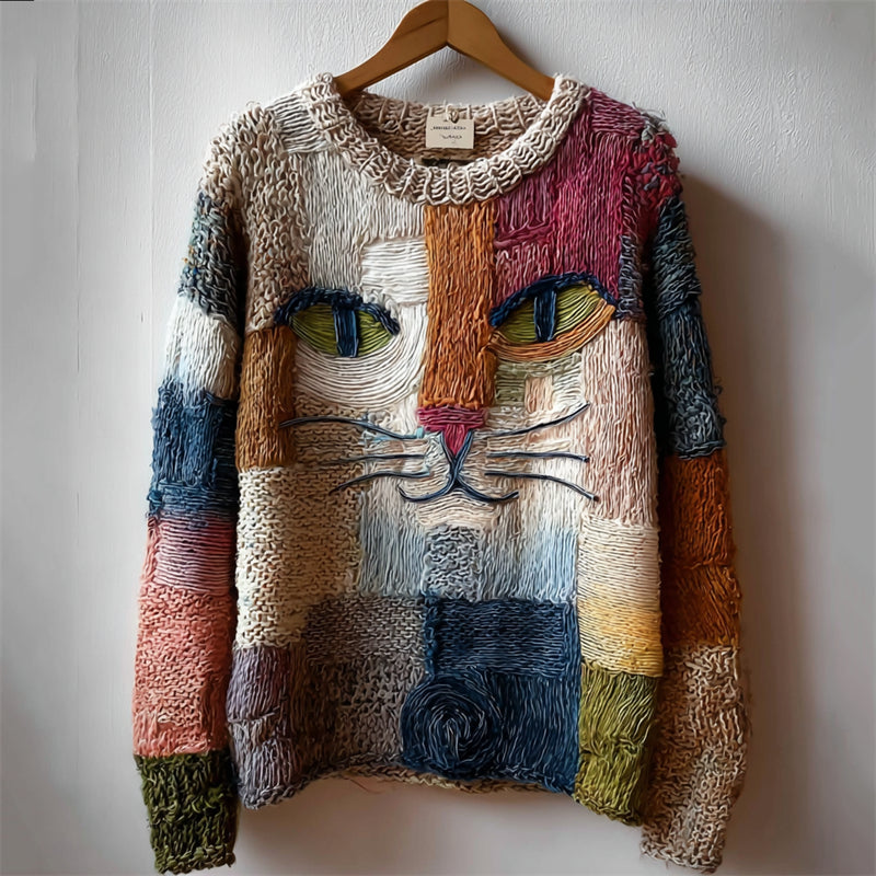 Vintage Cat Face Colorblock Art Cozy Knit Sweater elevenforest