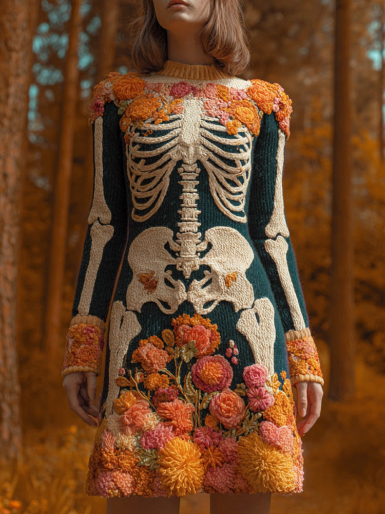 Women's Halloween Warm Tone Skull Rose Embroidered Dress artswardrobe