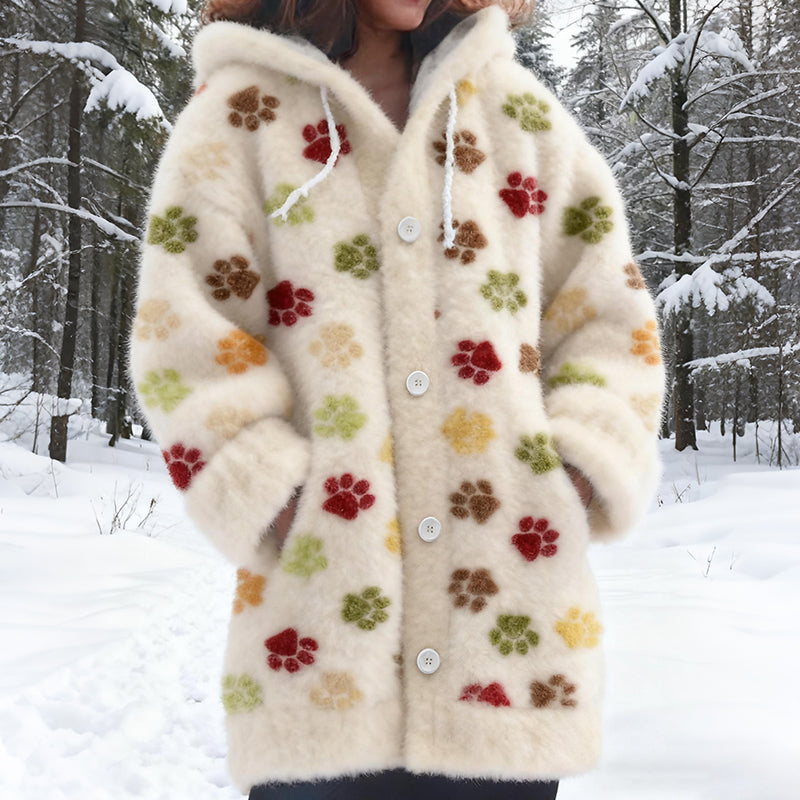 Comstylish Vintage Colorful Puppy Paw Art Cozy Knit Hooded Cardigan