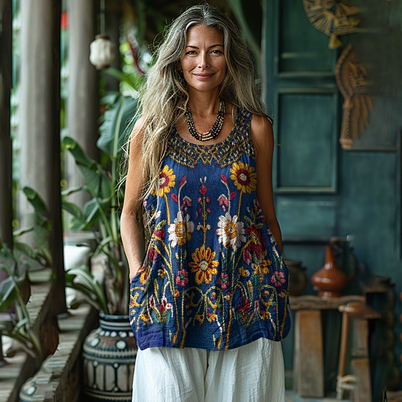 Boho Ethnic Floral Embroidered Linen Sleeveless Tank Top artswardrobe