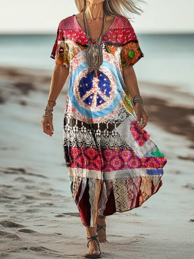 Women's Hippie Art Print Pocket Cotton Dress