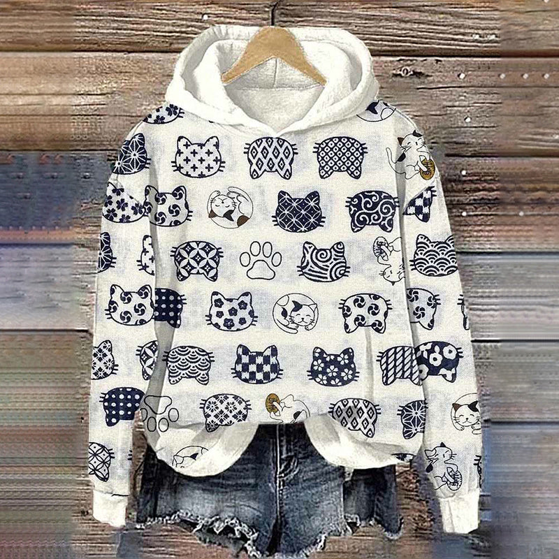 Cute Cat Japanese Art Print Hoodie elevenforest