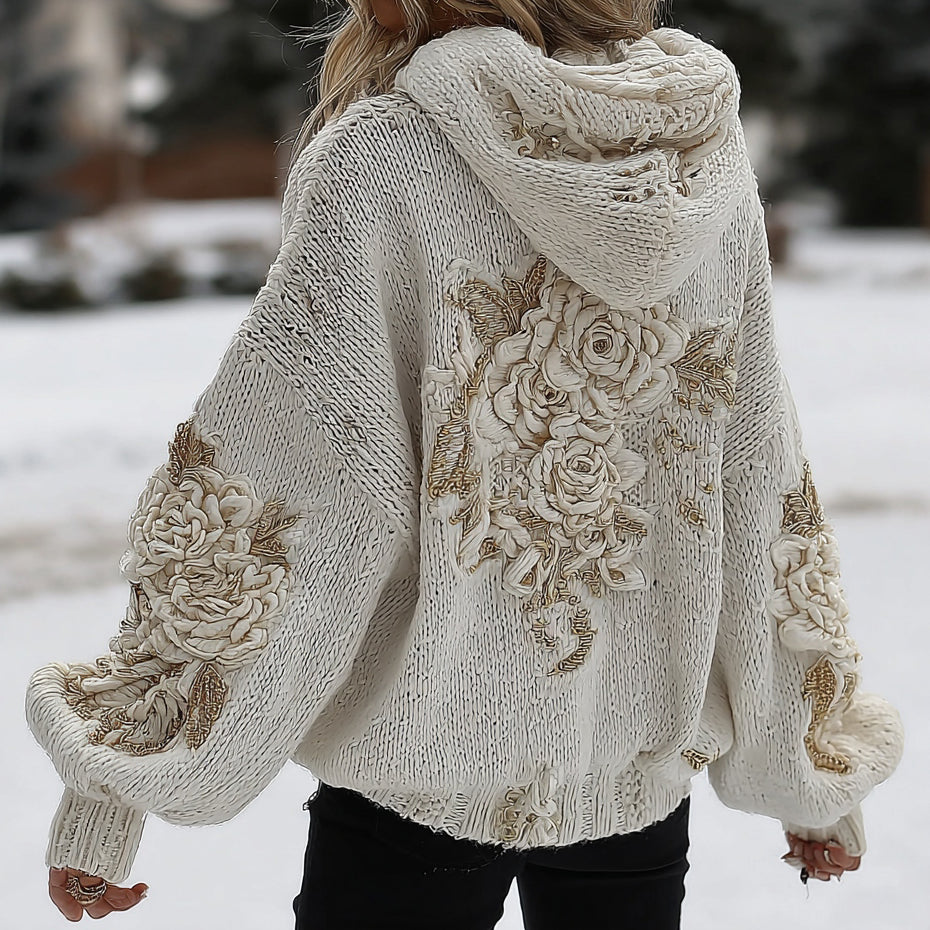 Women's White Rose Classic Cable Hooded Sweater artswardrobe