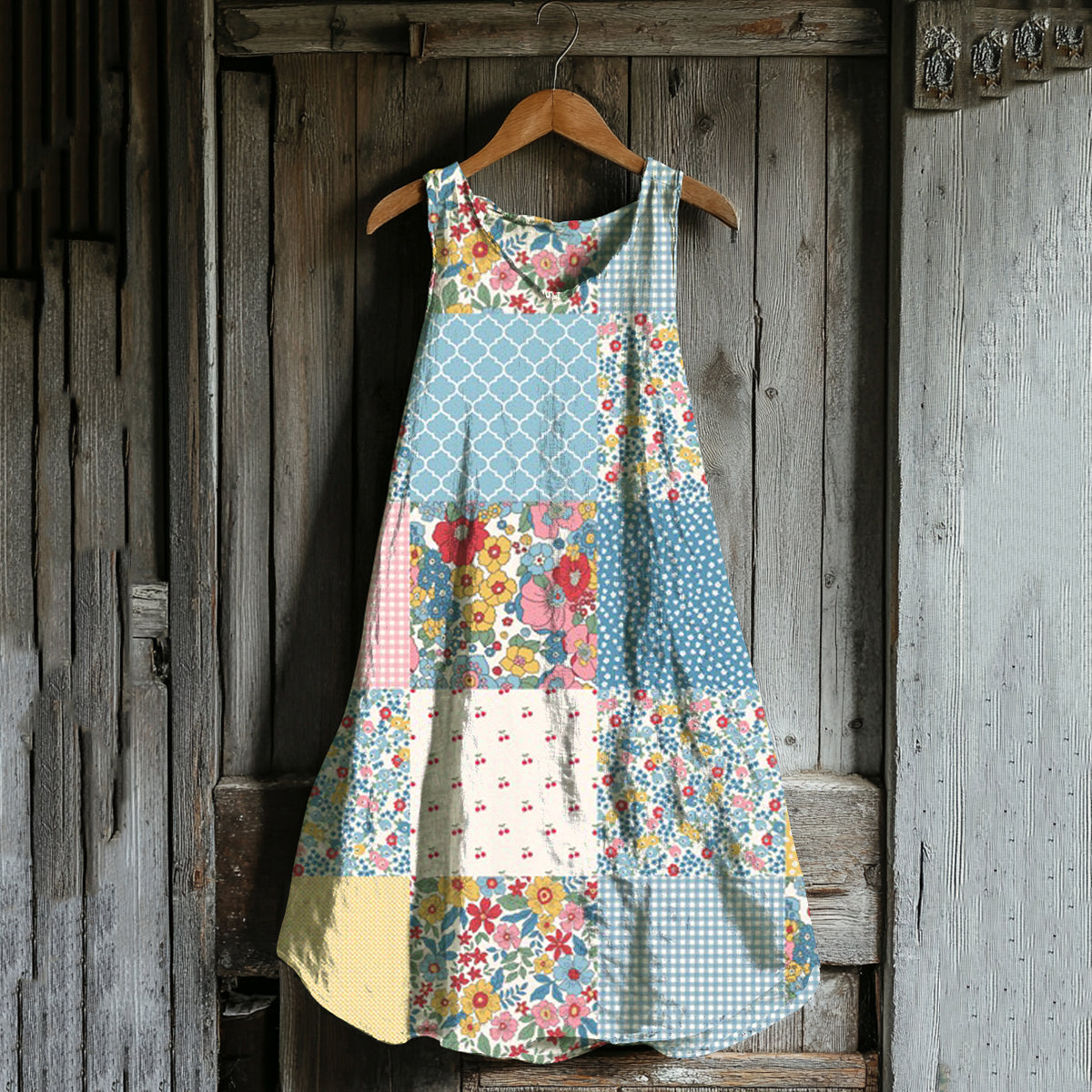 Vintage Floral Patchwork Art Linen Blend Tank Dress artswardrobe