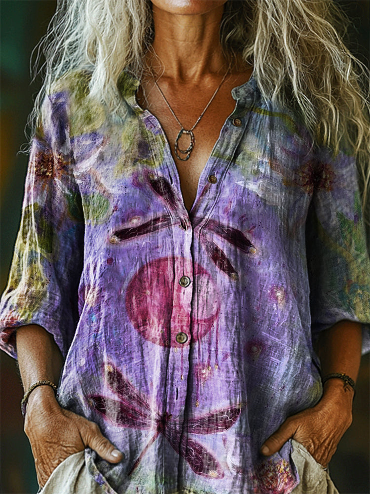Women's Vintage Floral Dragonfly Art Print Casual Cotton Linen Shirt