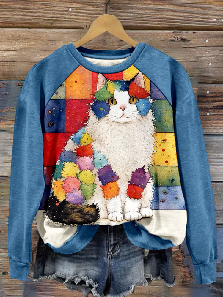 Whimsical Patchwork Cat Art Contrast Washed Sweatshirt elevenforest