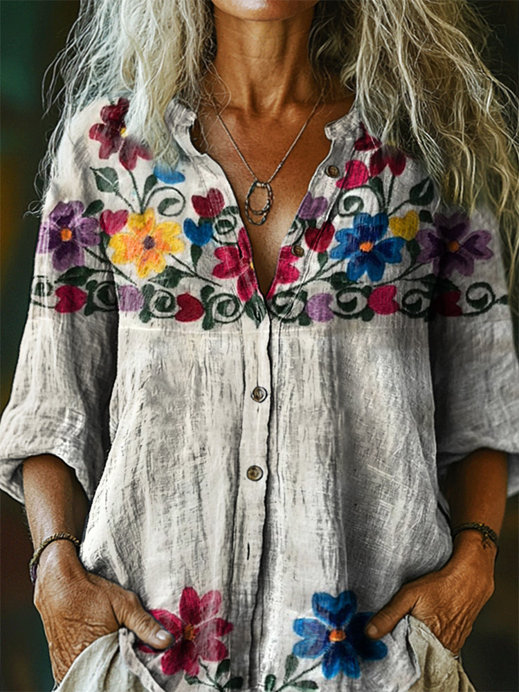 Women's Vintage Ethnic Floral Tattoo Pattern Art Print Casual Cotton L