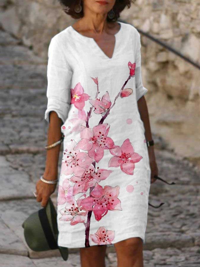 V Neck Casual Floral Oil Painting Print Dress