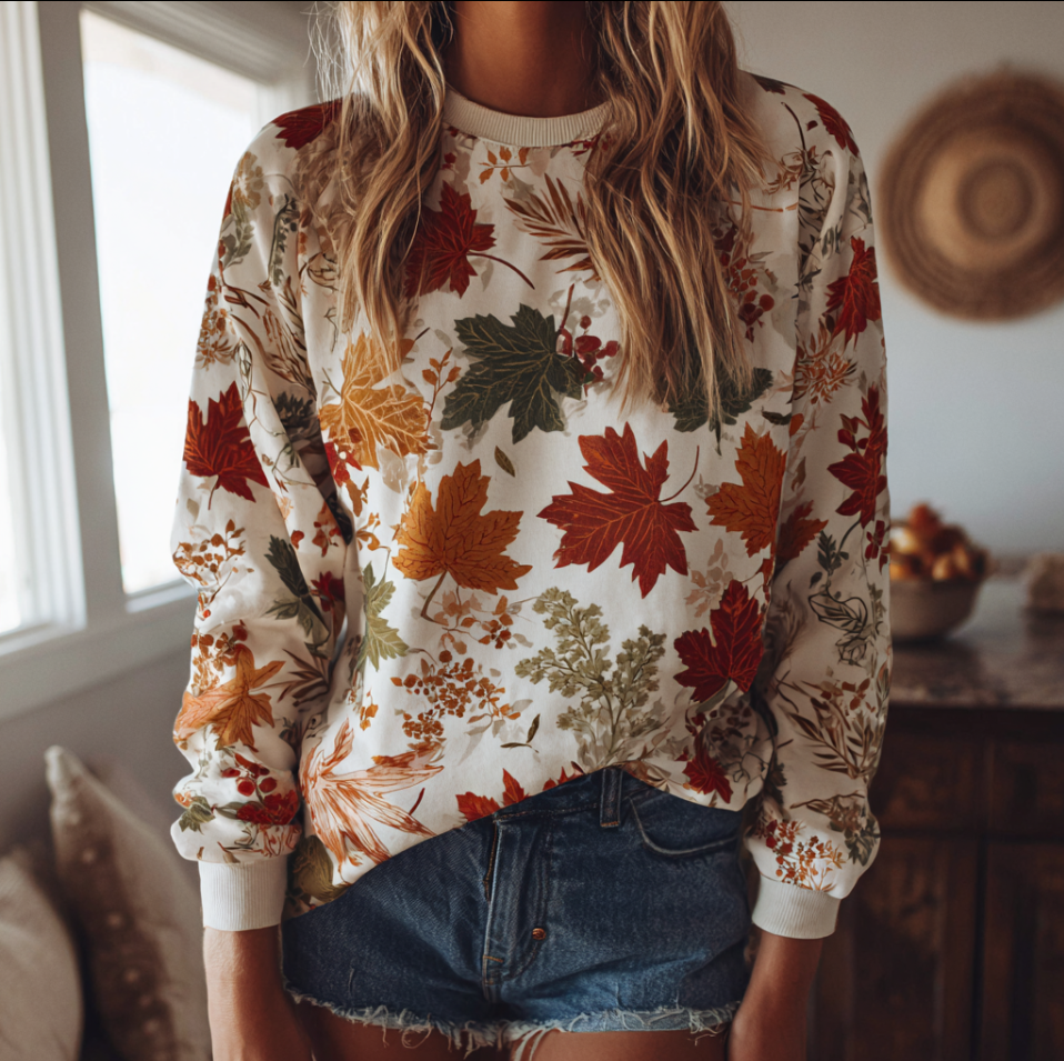 Comstylish Bohemian Style Maple Leaf Pattern Printed Long-sleeve Sweatshirt