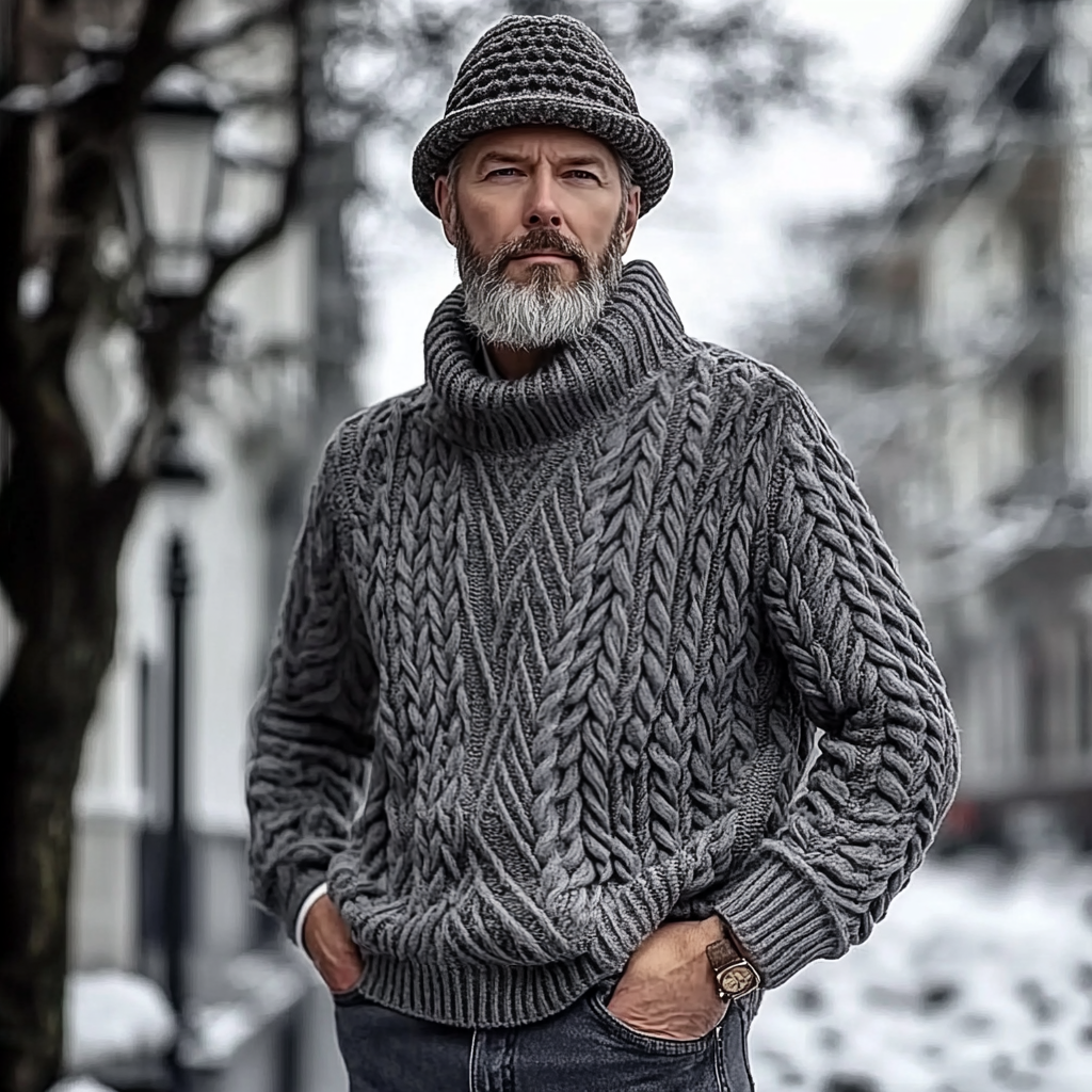 Men's Vingate Irregular Thick Needle Jacquard Turtleneck Sweater artswardrobe