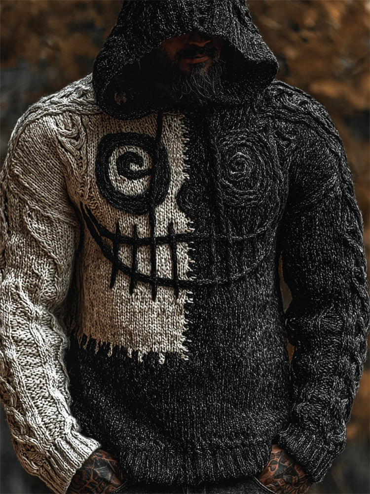 Men's Halloween Spooky Face Contrast Hooded Cozy Chunky Sweater artswardrobe