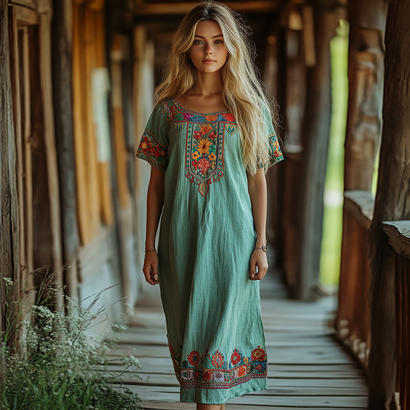 Vintage Bohemian Floral Embroidery Loose Midi Dress artswardrobe