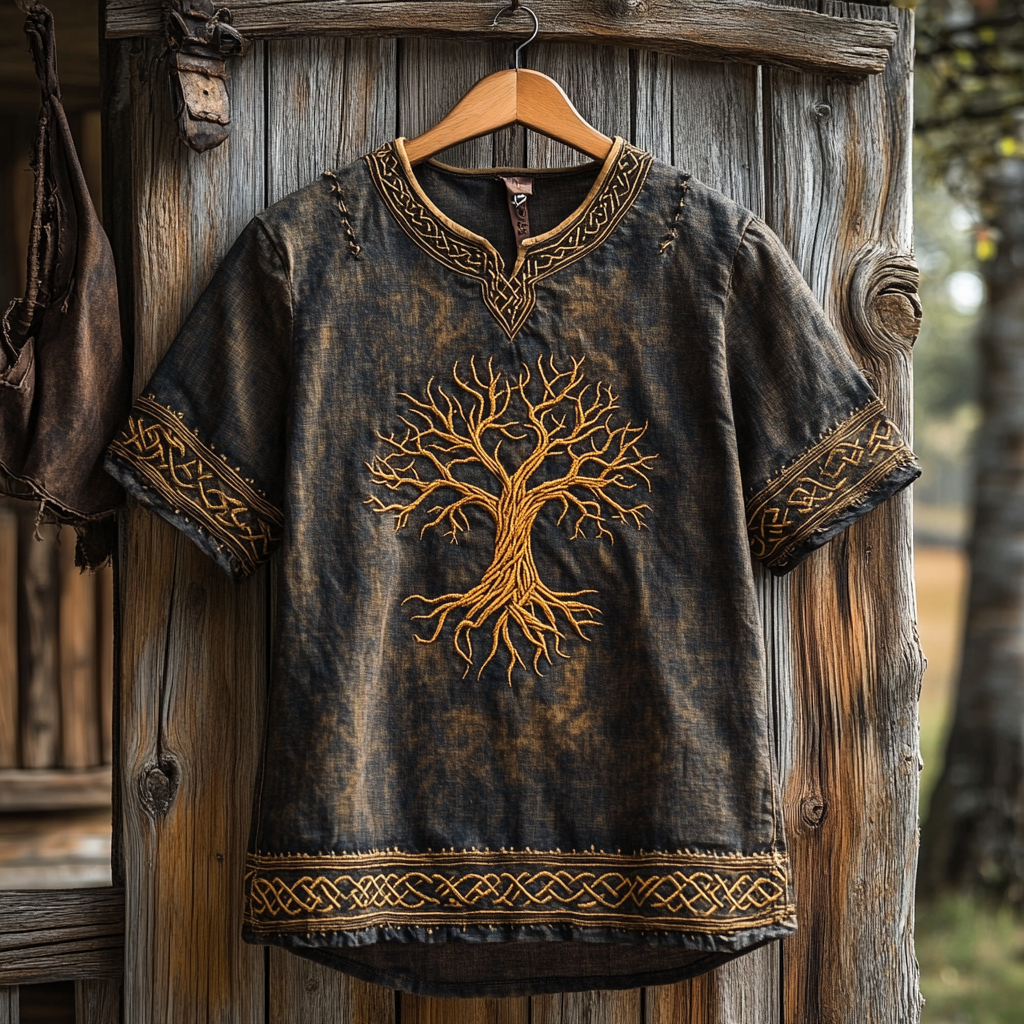 Men's Viking Tree Of Life Embroidery Linen Shirt artswardrobe