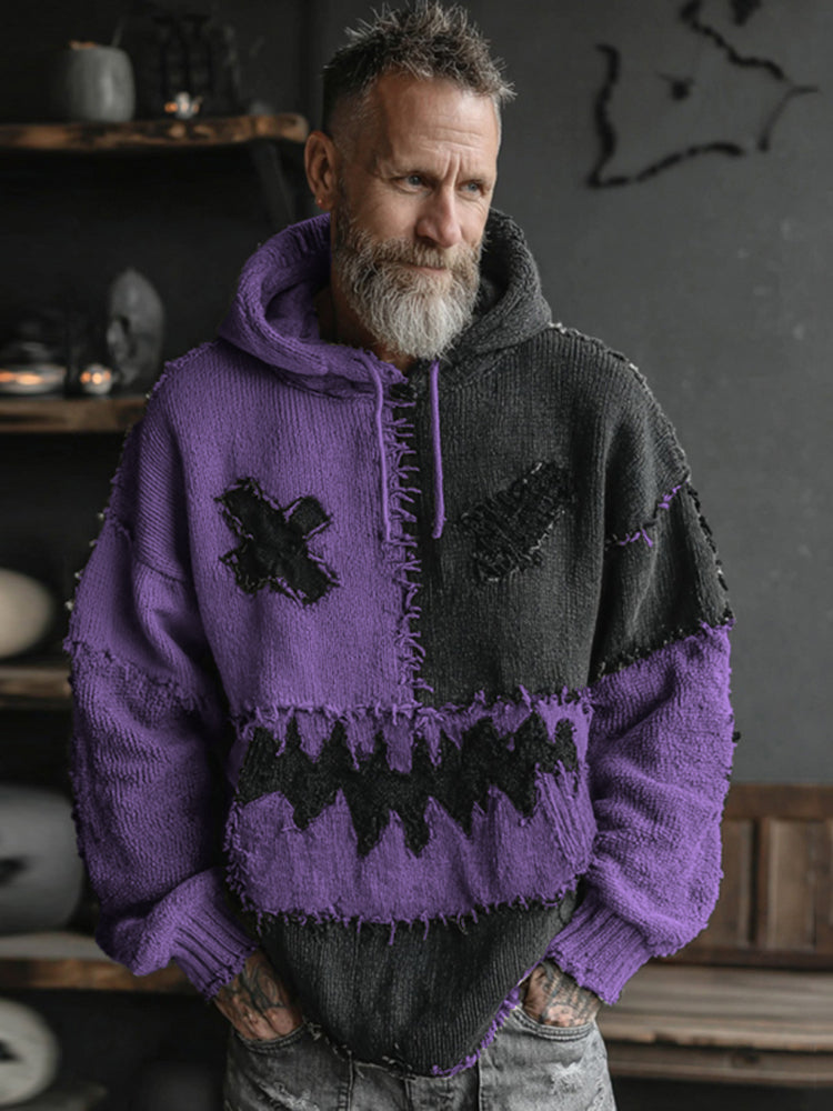 Men's Halloween Spooky Face Colorblock Stitched Hooded Cozy Knit Sweater artswardrobe