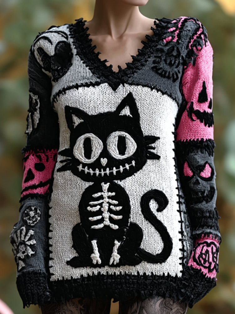 Halloween Cat And Skeleton Pattern Women's V-neck Knit Sweater artswardrobe