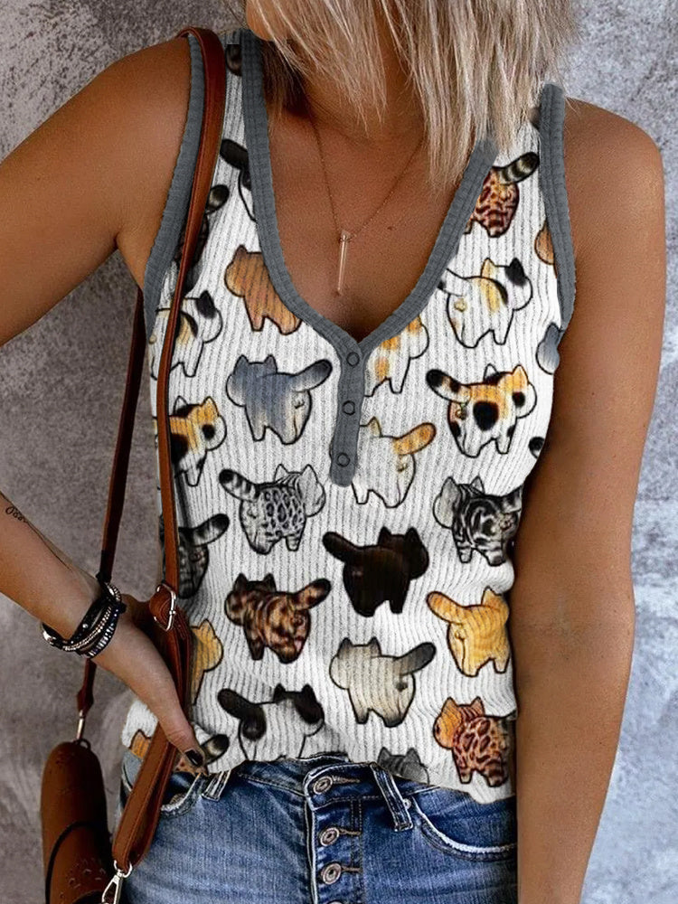 Cat Butt Print Women's V-Neck Knit Tank Top elevenforest