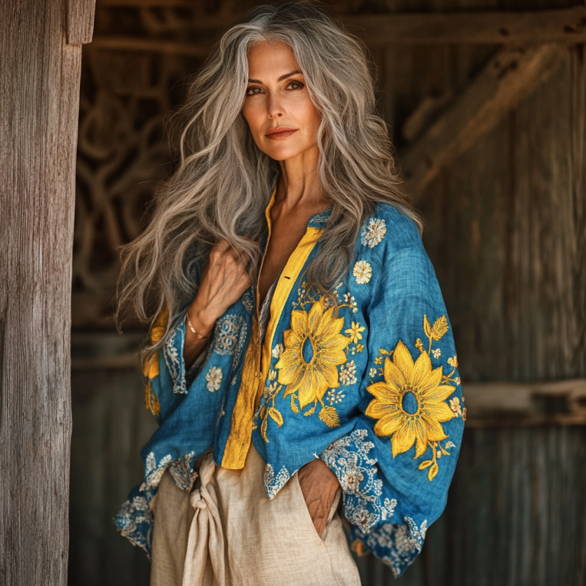 Comstylish Bohemian Ukraine Sunflower Linen Floral Art Print Long Sleeve Shirt