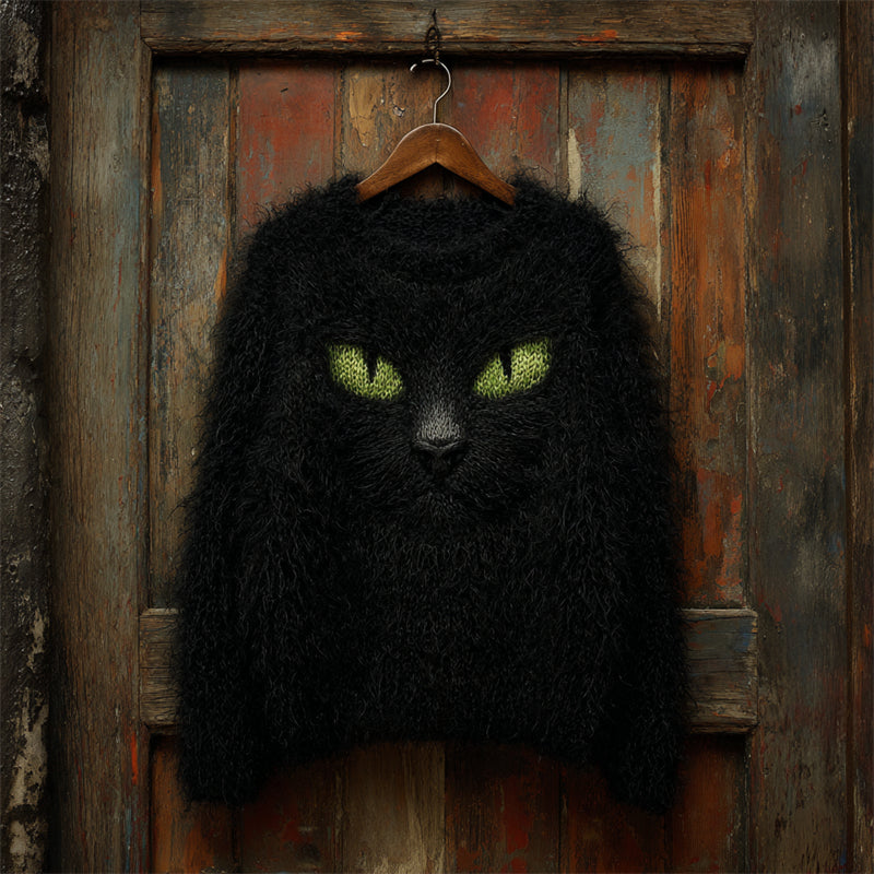 Comstylish Halloween Fuzzy Black Cat Inspired Cozy Knit Sweater