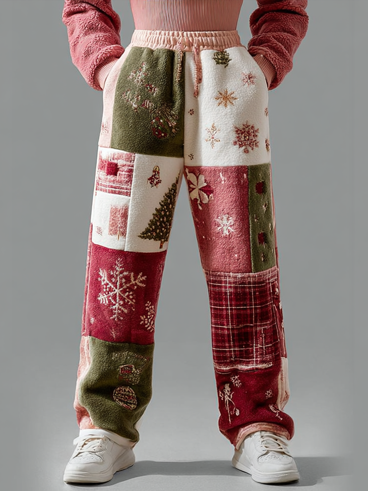 Comstylish Women's Retro Christmas Elements Patchwork Winter Warm Flannel Sweatpants