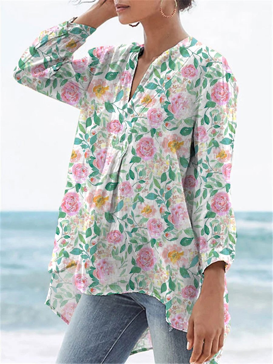 Watercolor Rose And Peony Repeat Pattern Printed Women's Casual Linen V-Neck Shirt