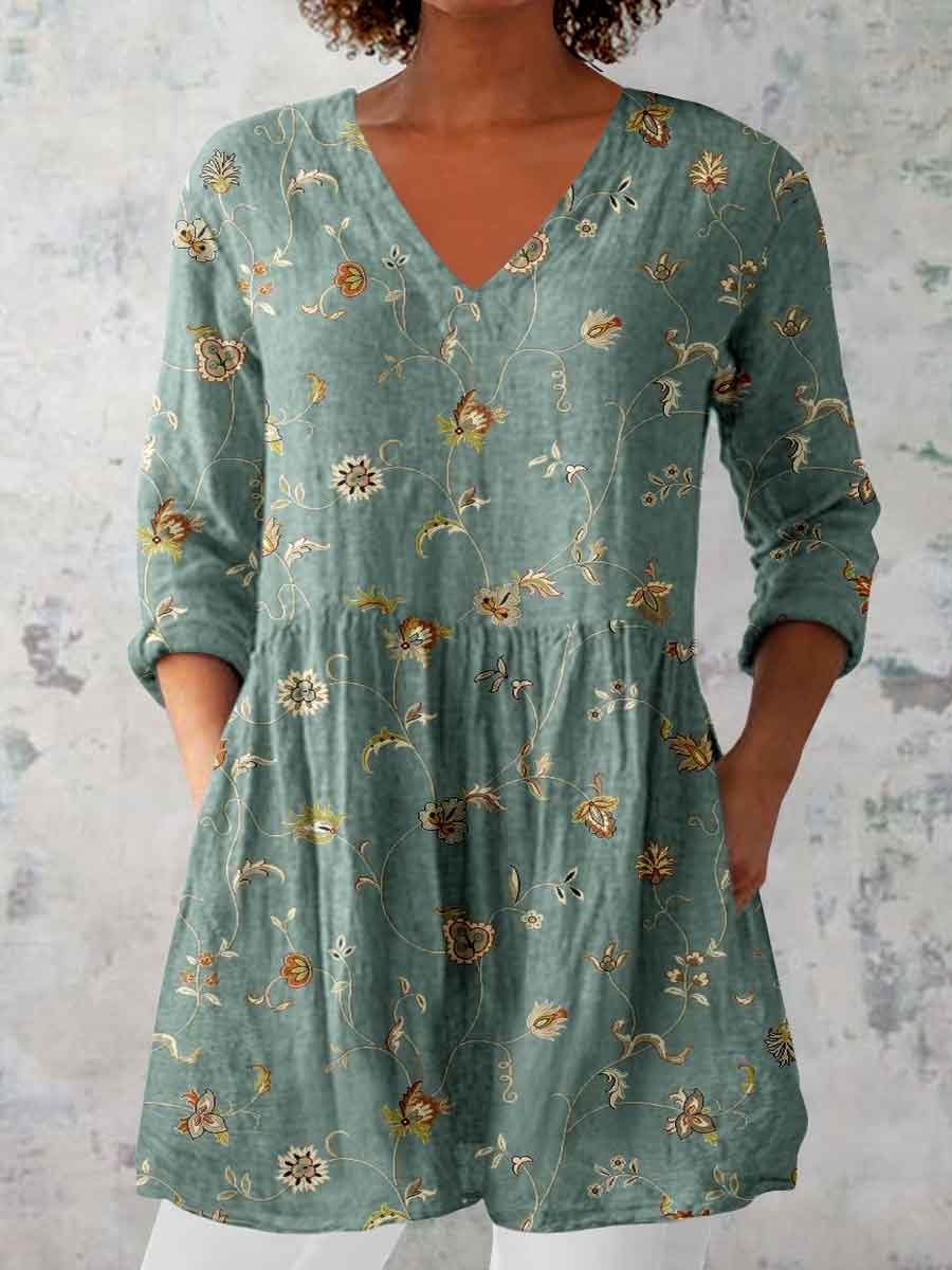 Women's Elegant Floral Pattern Round Neck Cotton and Linen Top