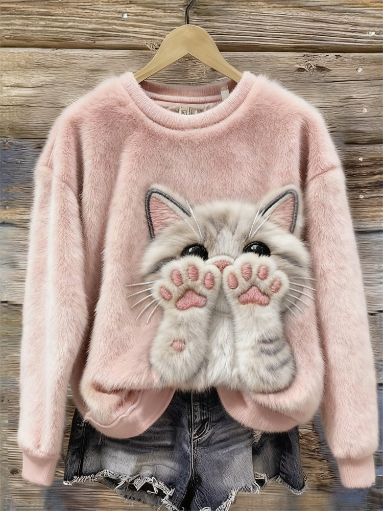 Comstylish Lovely Fuzzy Cat With Pink Paws Cozy Plush Sweatshirt