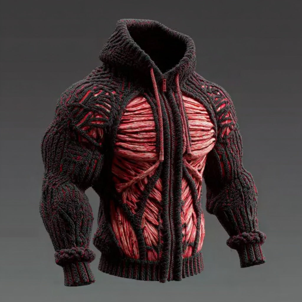 Men's Muscle Line Art Knit Zip Hooded Sweater artswardrobe
