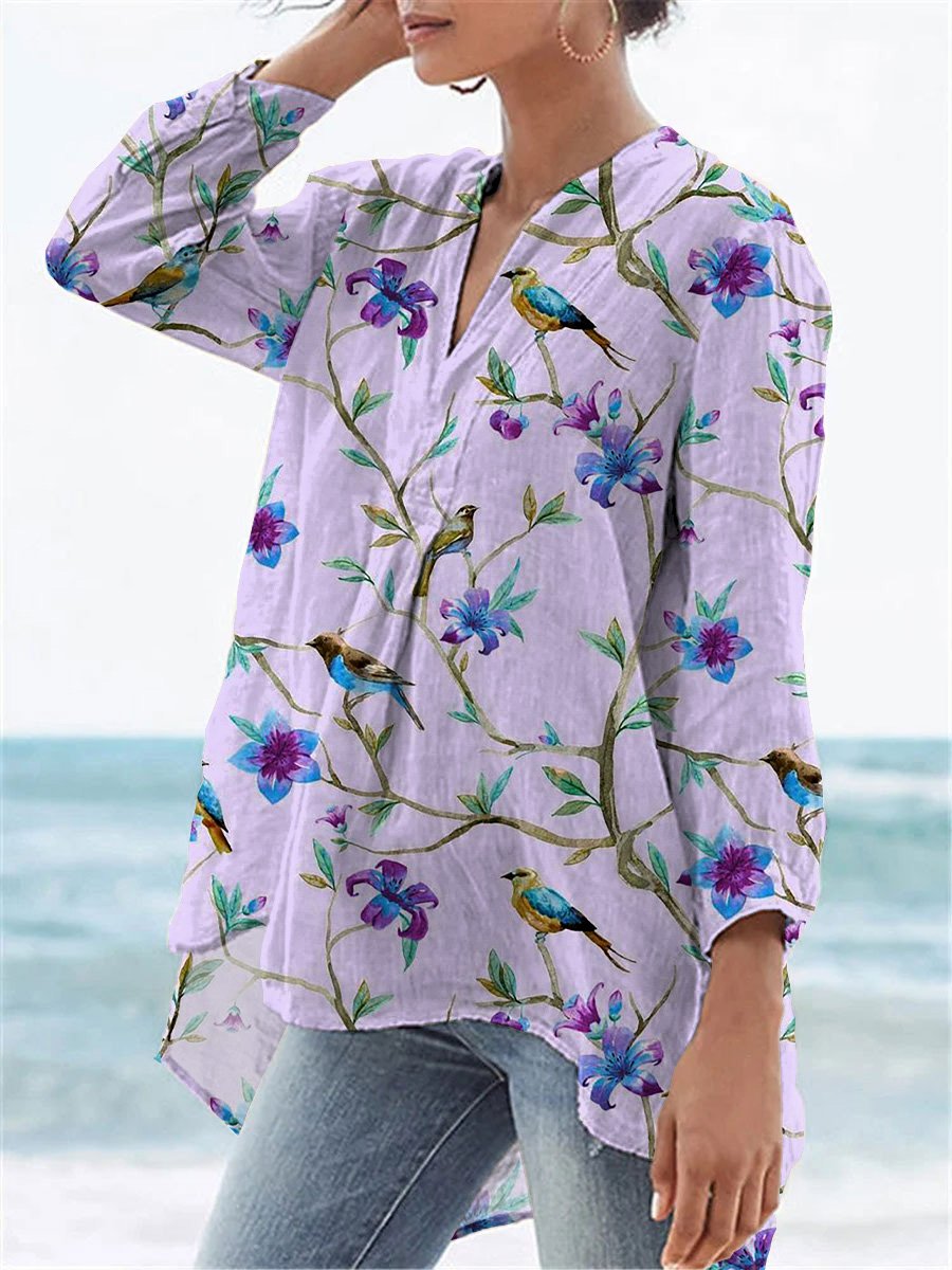 Watercolor Summer Bird And Floral Pattern Printed Women's Casual Linen V-Neck Shirt