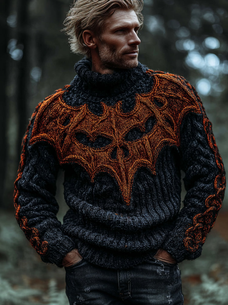 Men's Halloween 3d Embroidered Bat Warm High Collar Sweater artswardrobe