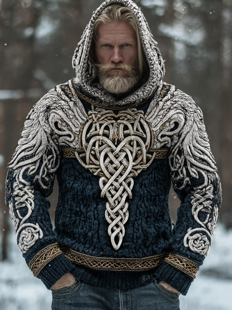 Men's Hooded Thick Sweater With Viking Style Tribal Totem And Wolf Totem Patterns elevenforest