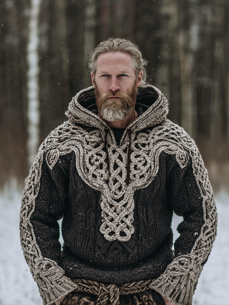 Men's Viking-style Winter Warm Hooded Knitted Sweater artswardrobe