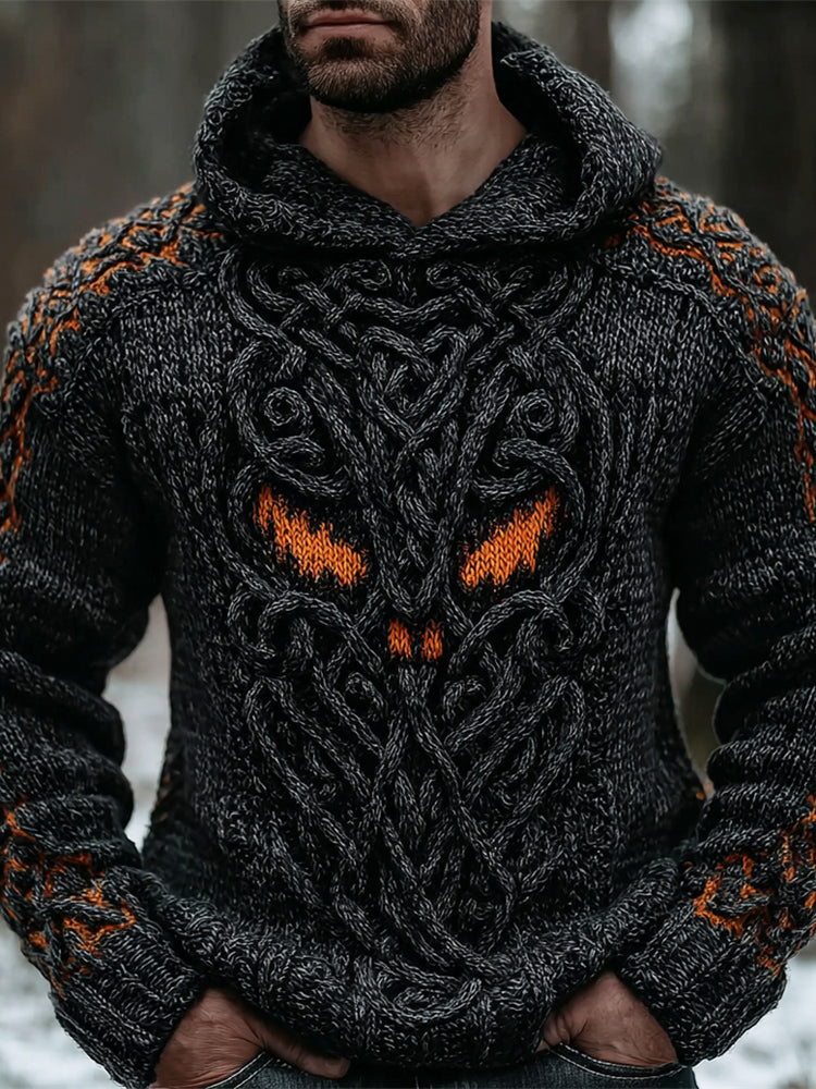Viking Evil Pumpkin Pattern Men's Chunky Knit Hooded Sweater elevenforest