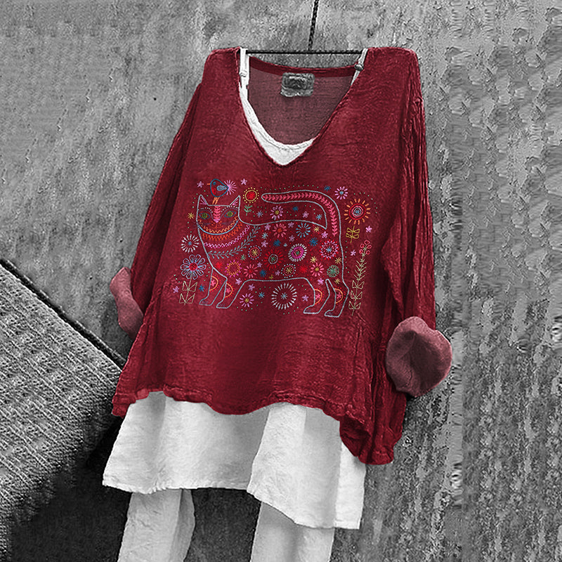 Comstylish Women's Bird And Cat Embroidery Art Cotton And Linen Shirt