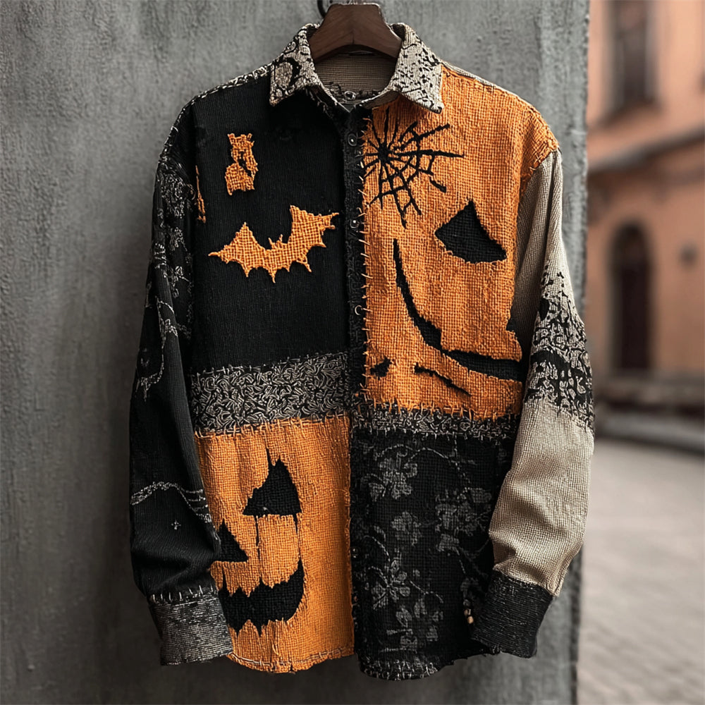 Halloween Pumpkin Emoji & Bat Irregular Patchwork Men's Shirt artswardrobe