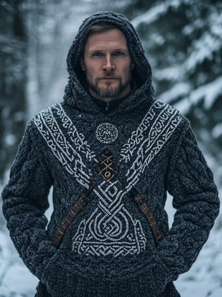 Men's Vintage Viking Inspired Celtic Jacquard Hooded Sweater artswardrobe