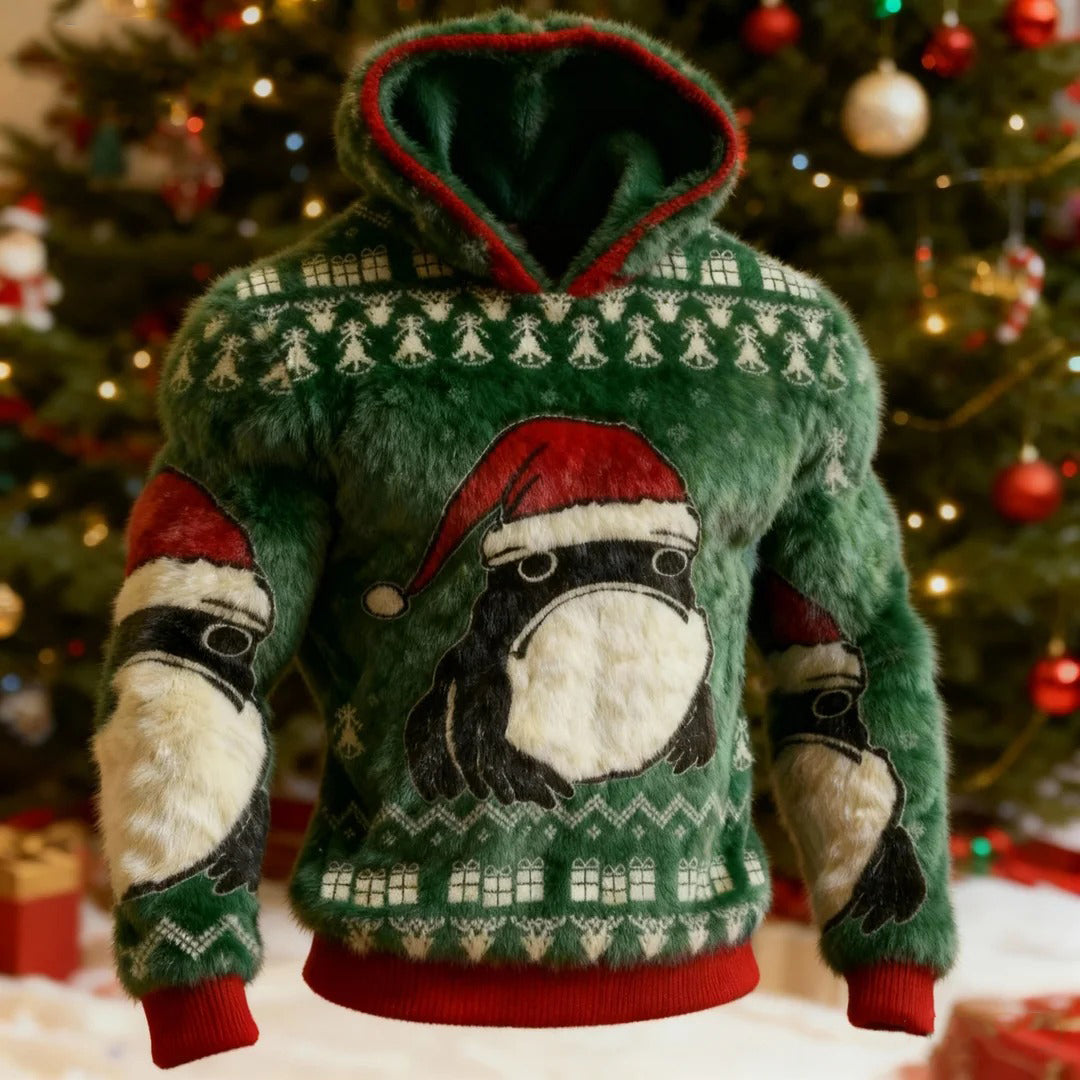 Comstylish Men's Frog With Santa Hat Pattern Ugly Plush Hoodie