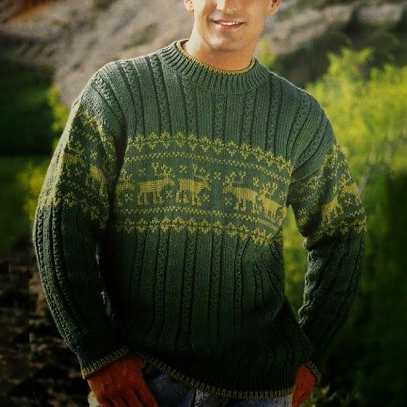 Retro Gradient Green Christmas Elk Jacquard Crew Neck Sweater artswardrobe