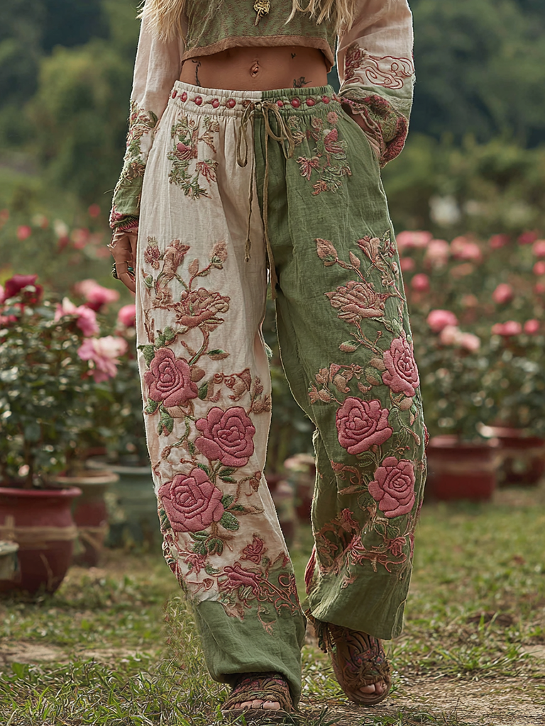 Love & Health Collection Vintage Retro Rose And Floral Patchwork Art Linen Pants artswardrobe