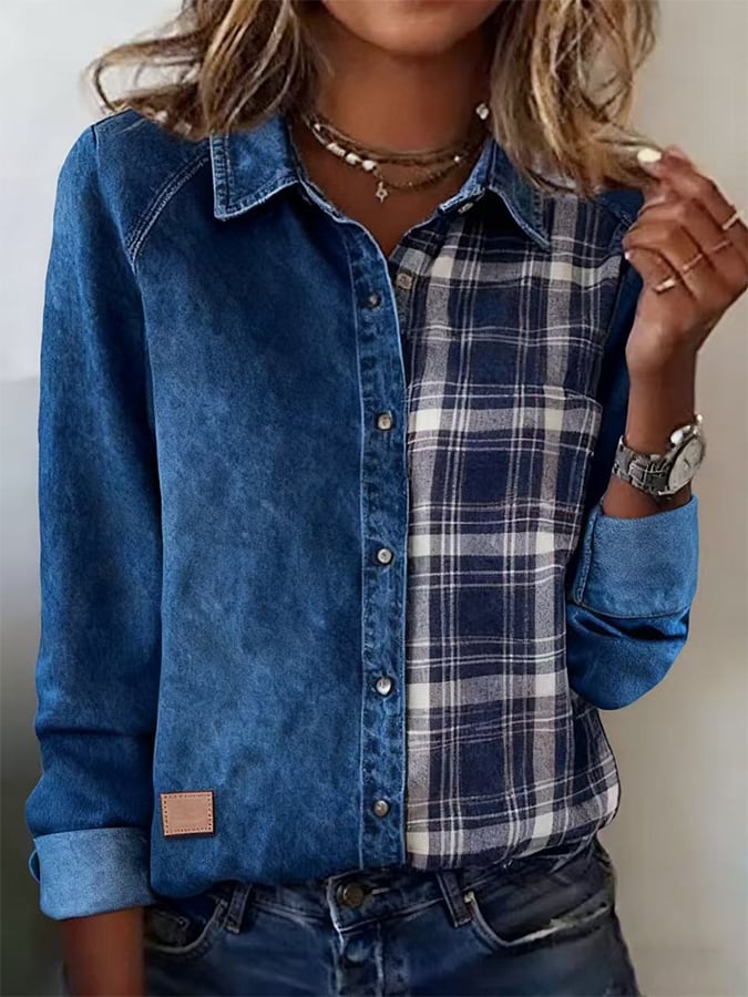 Women's Casual Lapel Plaid Splicing Shirt