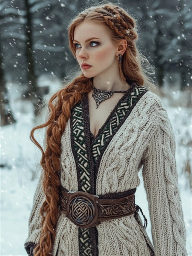 Medieval Contrast Hem Cable Knit Cozy Long Cardigan artswardrobe