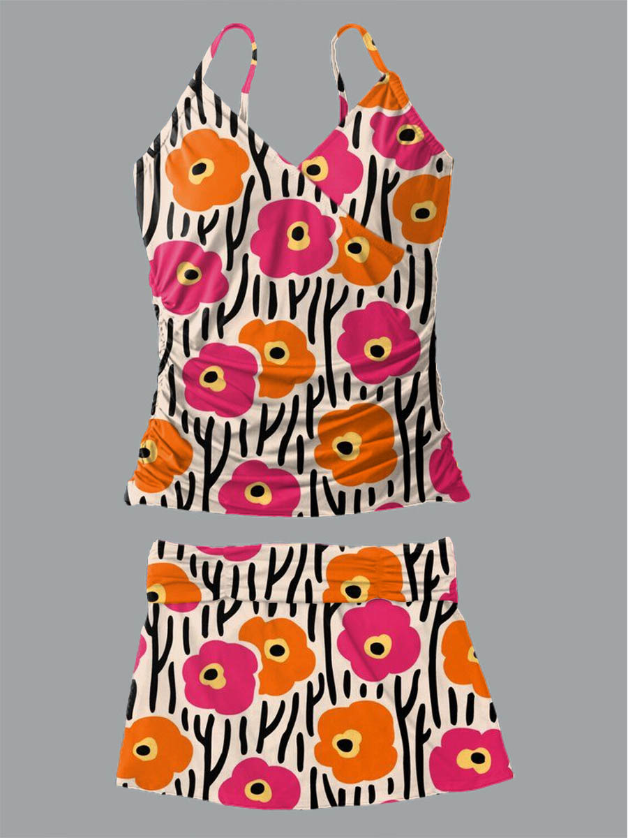 Women's Summer Floral Print Suspender Shirred Swimsuit Set