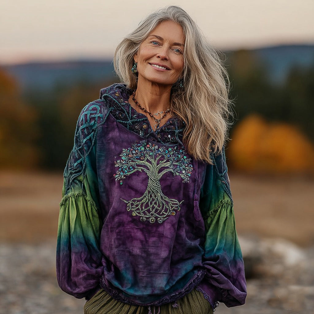 Women's Classic Viking Tree Of Life With Floral Art Gradient Comfort Hoodie artswardrobe