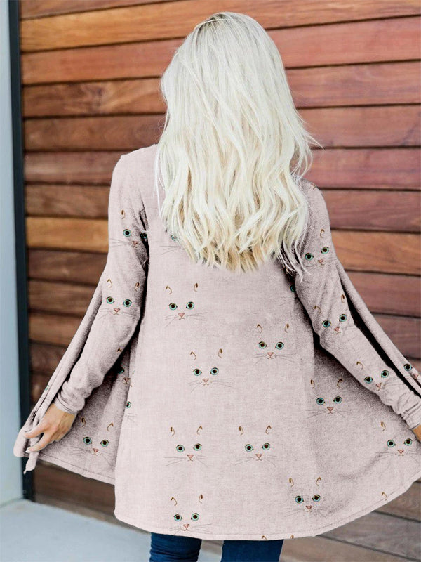 Cute Cat Face Pattern Casual Flowy Cardigan elevenforest