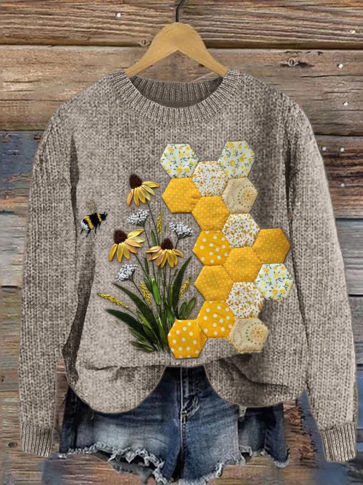 Bee & Flowers Embroidered Honeycomb Patchwork Knit Sweater artswardrobe