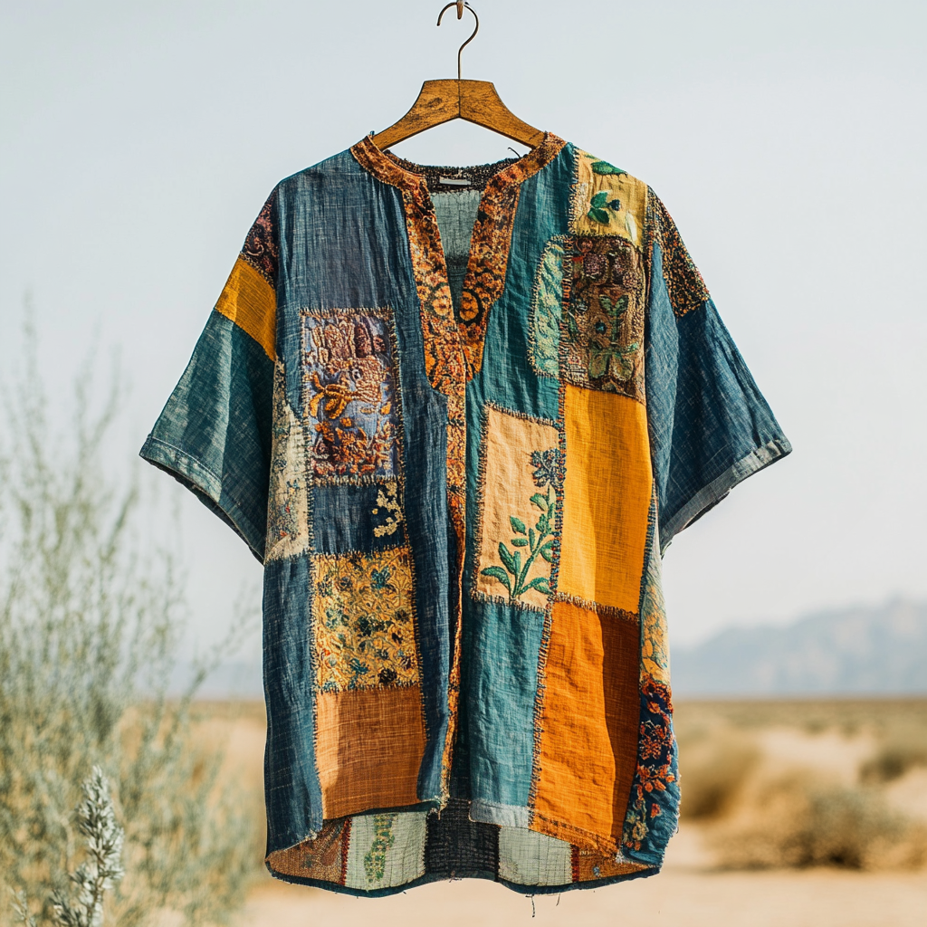 Men's Contrast Colors Patchwork Pattern Art Linen Shirt artswardrobe