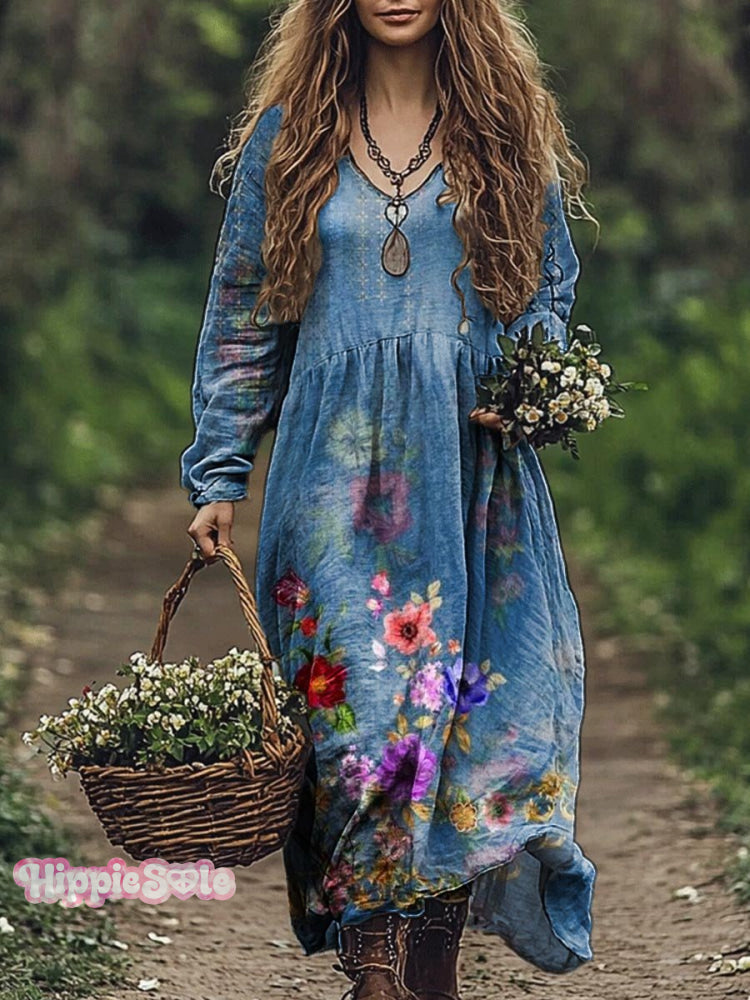 Women's Floral Print Casual V-Neck Pocket Cotton Dress