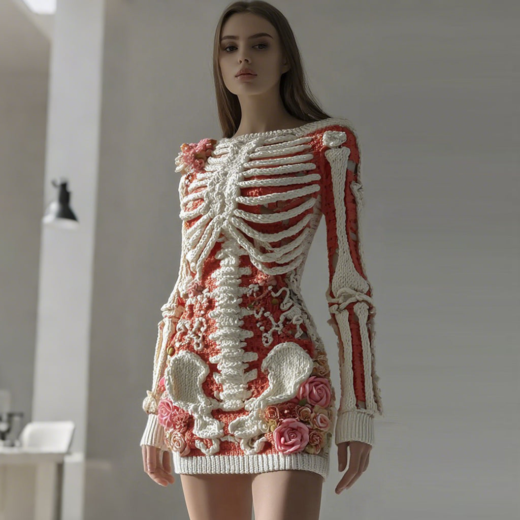 Women's Vintage Skull White Rose Crochet Cozy Knitted Sweater Dress artswardrobe