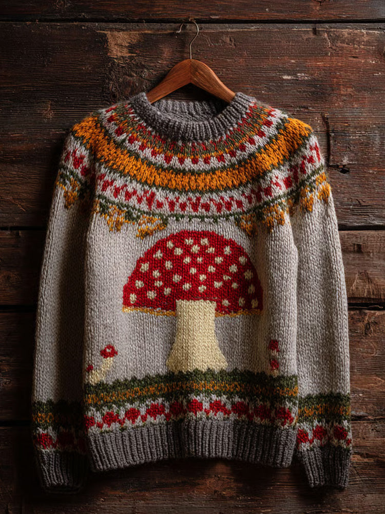 Women's Retro Mushroom Print Crew Neck Sweater artswardrobe