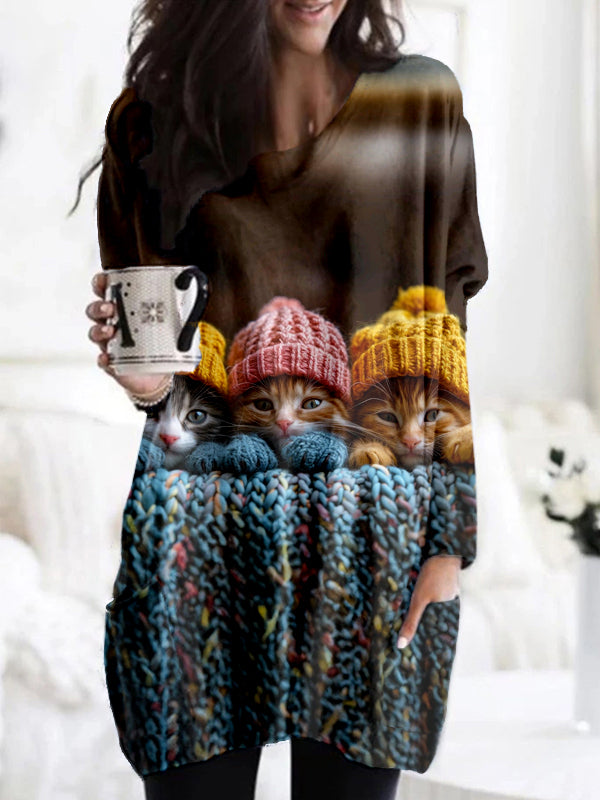 Cute Kittens Pattern Print Patch Pocket Comfy Tunic elevenforest