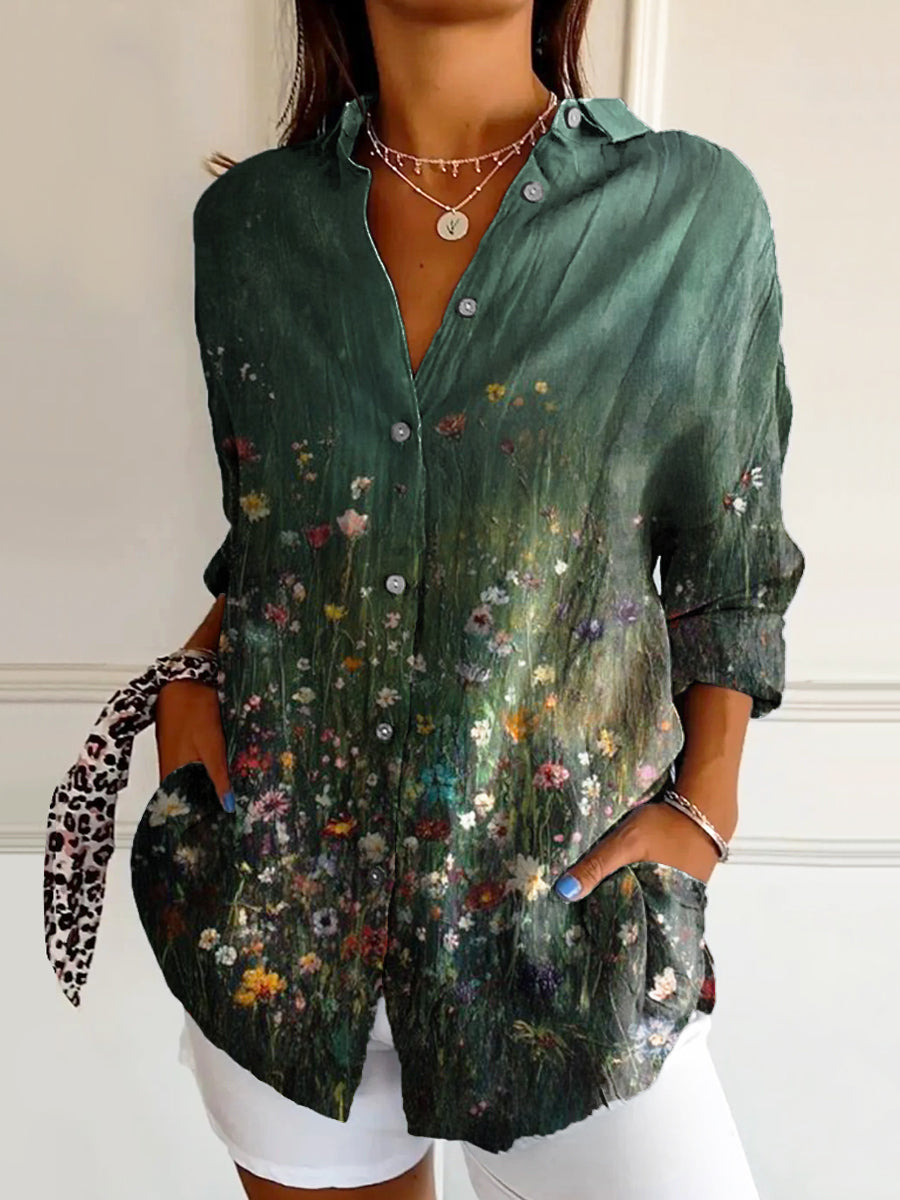 Women's Vintage Floral Art Print Casual Cotton Shirt